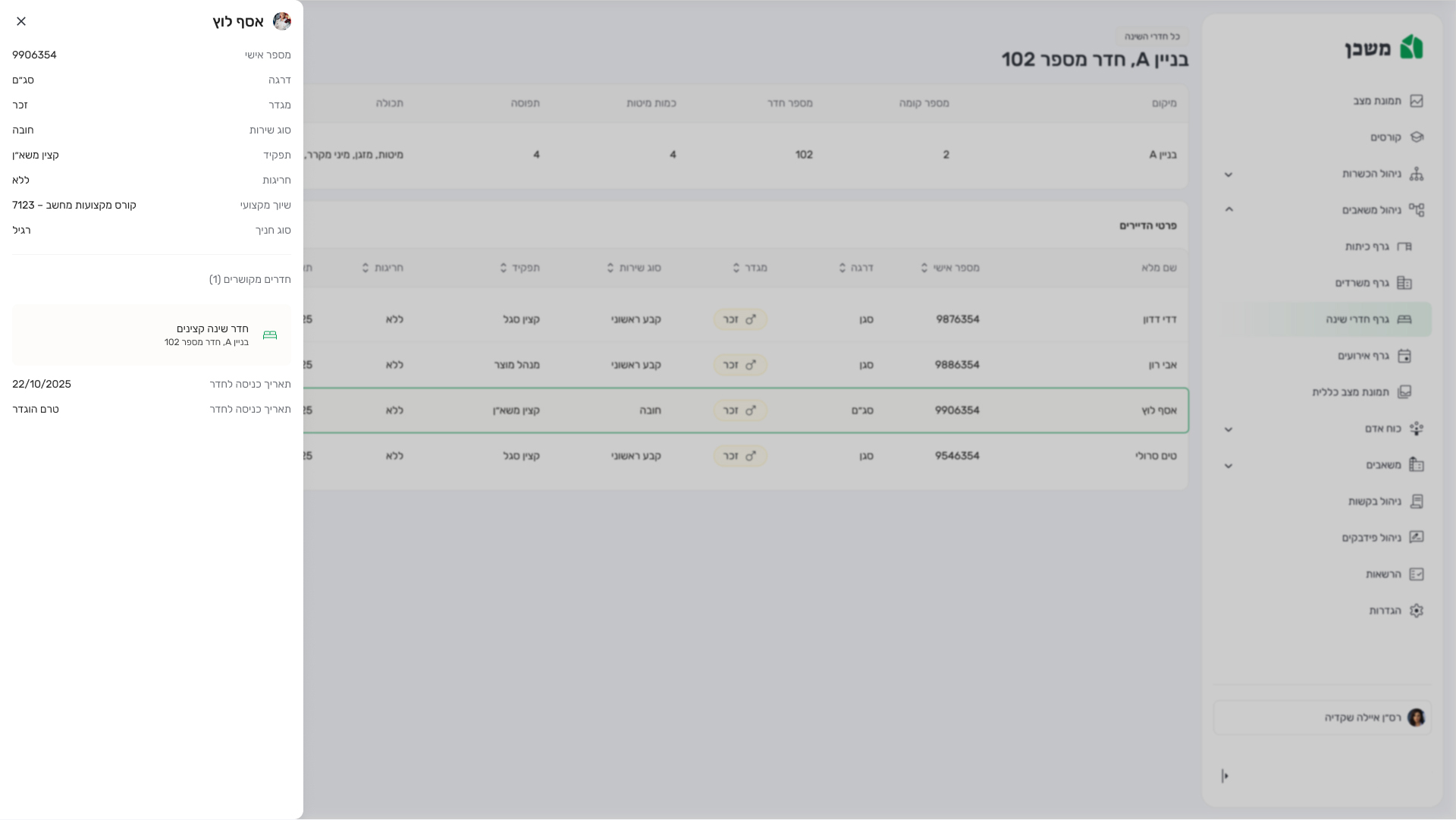 no aman בניין A, חדר מספר 102 נתוני דיירים פאנל צד פתוח